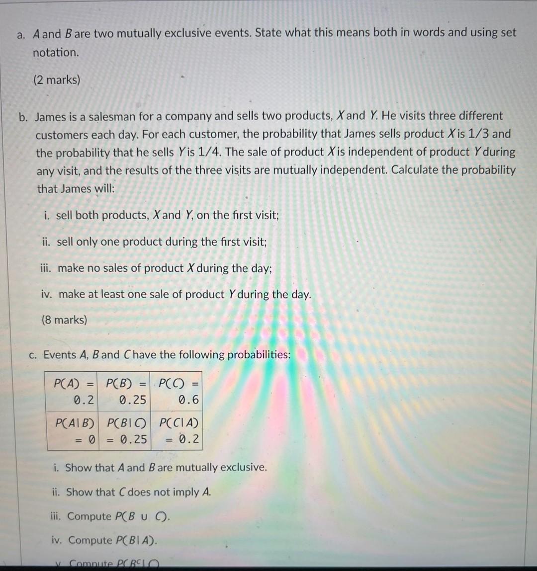 A A And B Are Two Mutually Exclusive Events State What This Means Both In Words And Using Set Notation 2 Marks B J 1