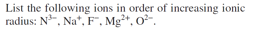 List The Following Ions In Order Of Increasing Ionic Radius N3 Na F Mg2 02 1