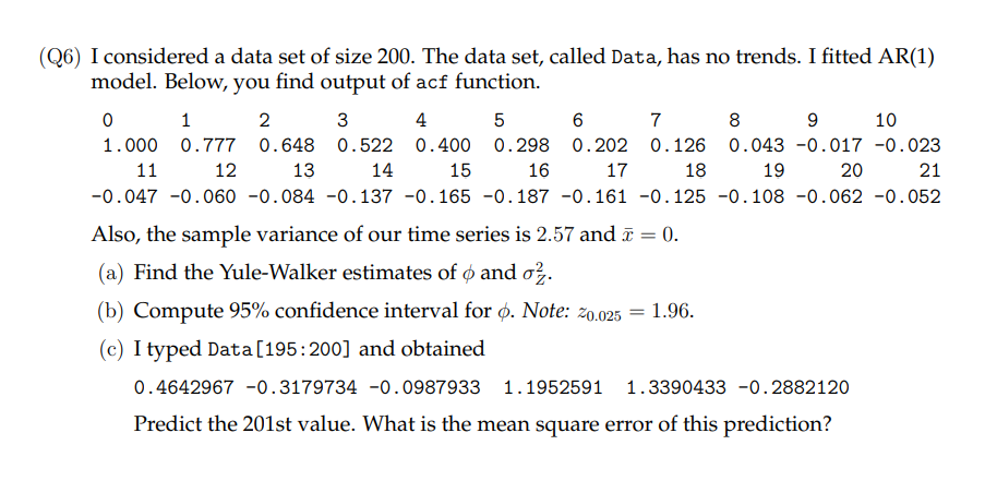 6 I Considered A Data Set Of Size 200 The Data Set Called Data Has No Trends I Fitted Ar 1 Model Below You Find 1
