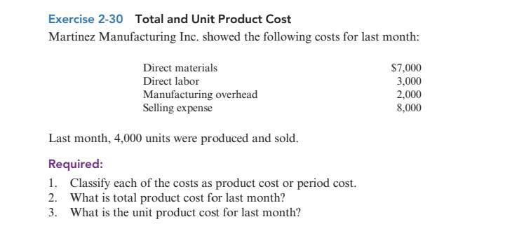 Exercise 2 30 Total And Unit Product Cost Martinez Manufacturing Inc Showed The Following Costs For Last Month Last Mo 1