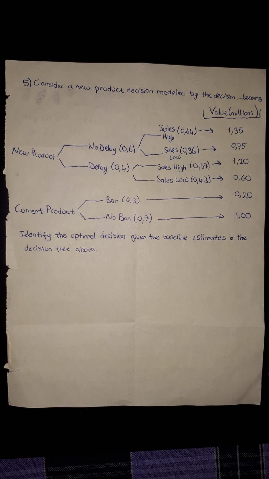 5 Consider A New Product Decision Modeled By The Decision Becoms Current Product Bon 0 3 0 20 Identify The Optimal 1