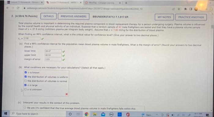 A Find A 99 Sonfidence Interval For The Pooulation Mean Blood Pasma Volume In Male Firefighers What Is The Maroin Of 1