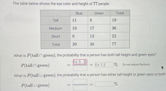 The Table Below Shows The Eye Color And Height Of 77 People What Is P Tall Green The Probability That A Person Ha 1
