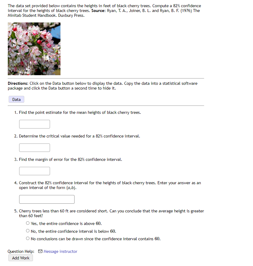 The Data Set Provided Below Contains The Heights In Feet Of Black Cherry Trees Compute A 82 Confidence Interval For Th 1