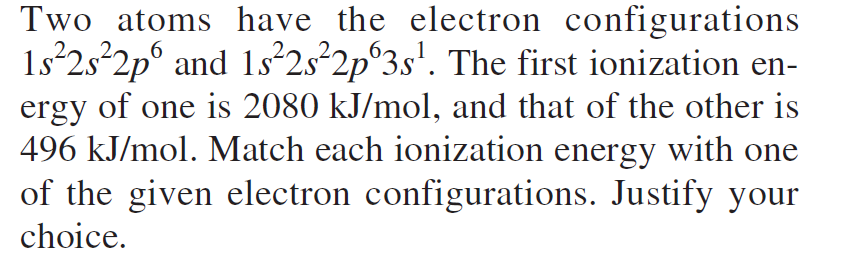 Two Atoms Have The Electron Configurations 1s22s22p And 1s22s22p 3s The First Ionization En Ergy Of One Is 2080 Kj Mo 1