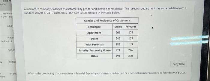 A Mail Order Company Classifies Its Customers By Gender And Location Of Residence The Research Department Has Gathered 1