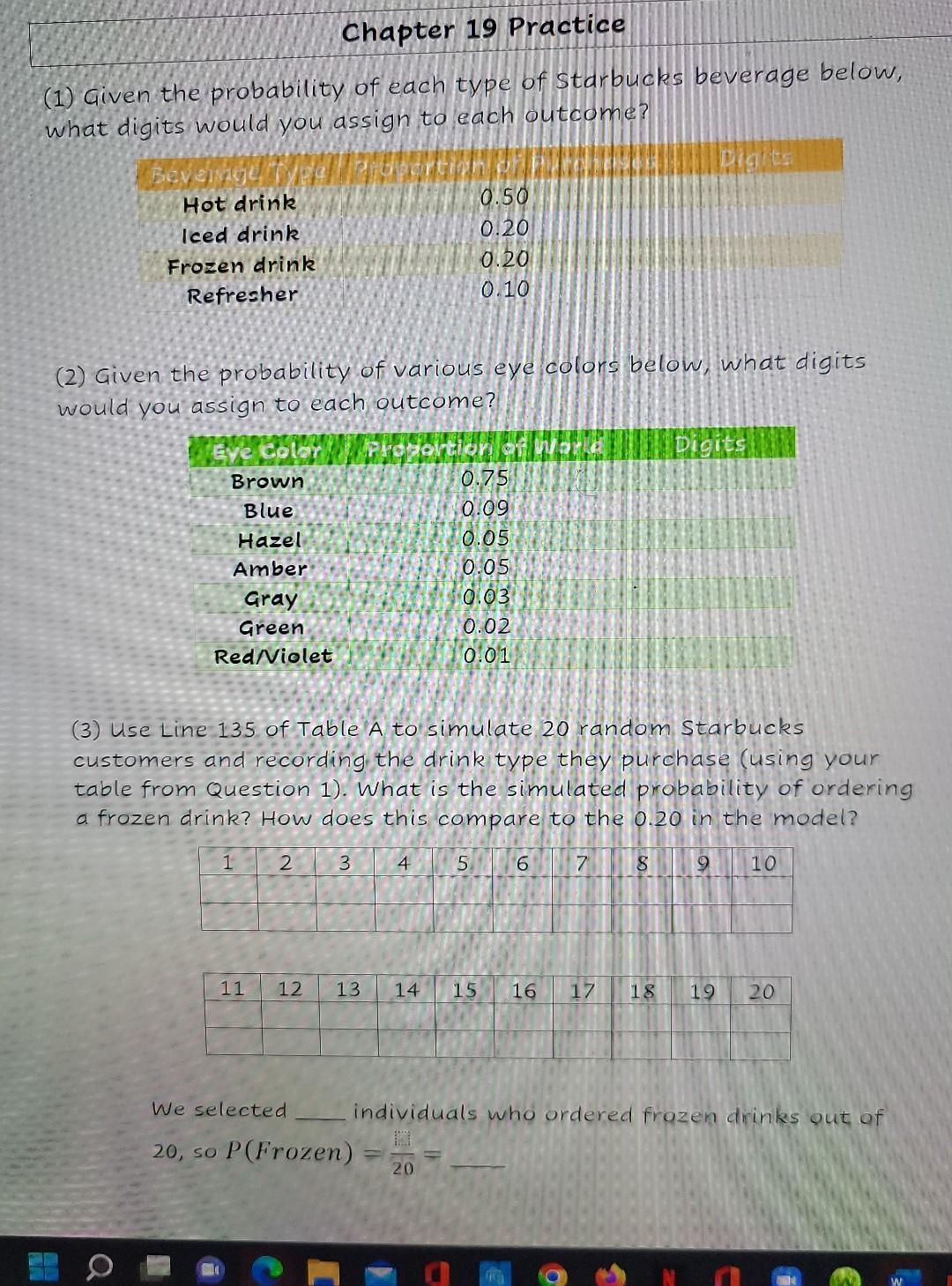 1 Given The Probability Of Each Type Of Starbucks Beverage Below What Digits Would You Assign To Each Outcome 2 Gi 1