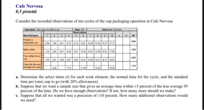 Consider The Recorded Observations Of Ten Cycles Of The Cup Packaging Operation In Cafe Nervosa A Determine The Select 1