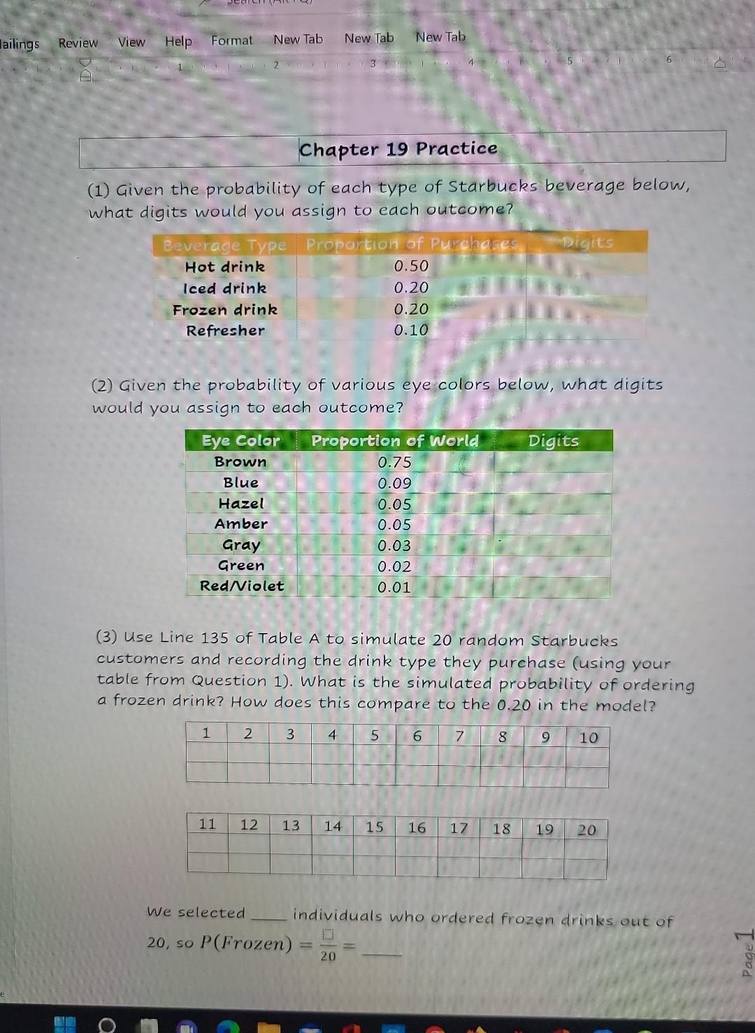 Chapter 19 Practice 1 Given The Probability Of Each Type Of Starbucks Beverage Below What Digits Would You Assign To 1