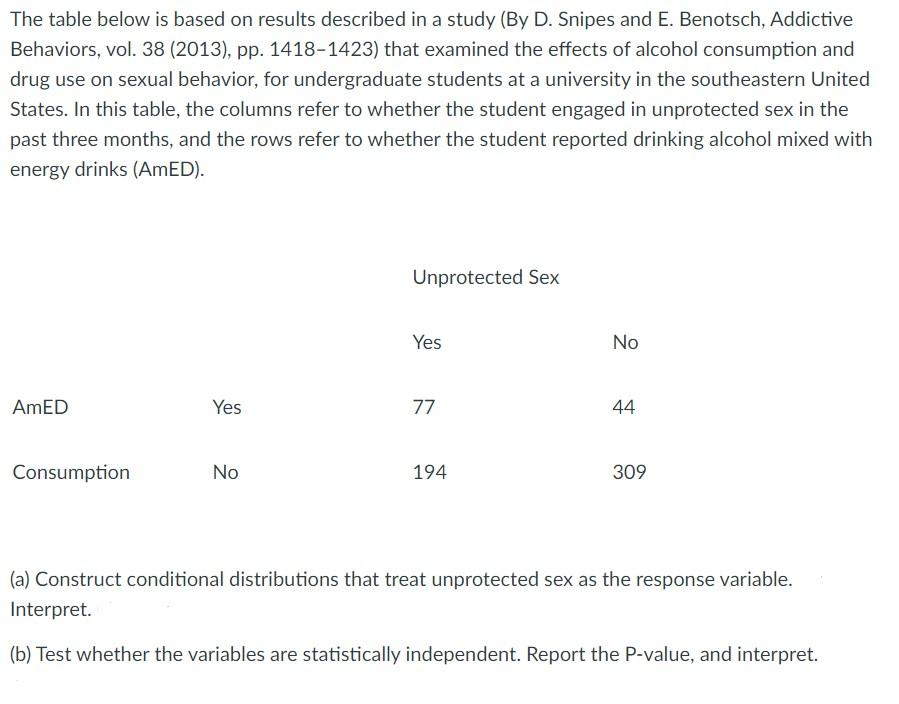 The Table Below Is Based On Results Described In A Study By D Snipes And E Benotsch Addictive Behaviors Vol 38 20 1