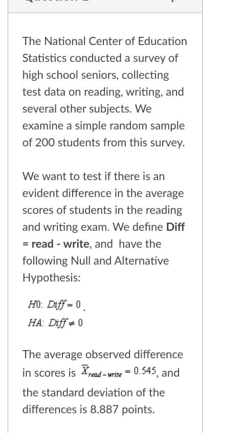 The National Center Of Education Statistics Conducted A Survey Of High School Seniors Collecting Test Data On Reading 1