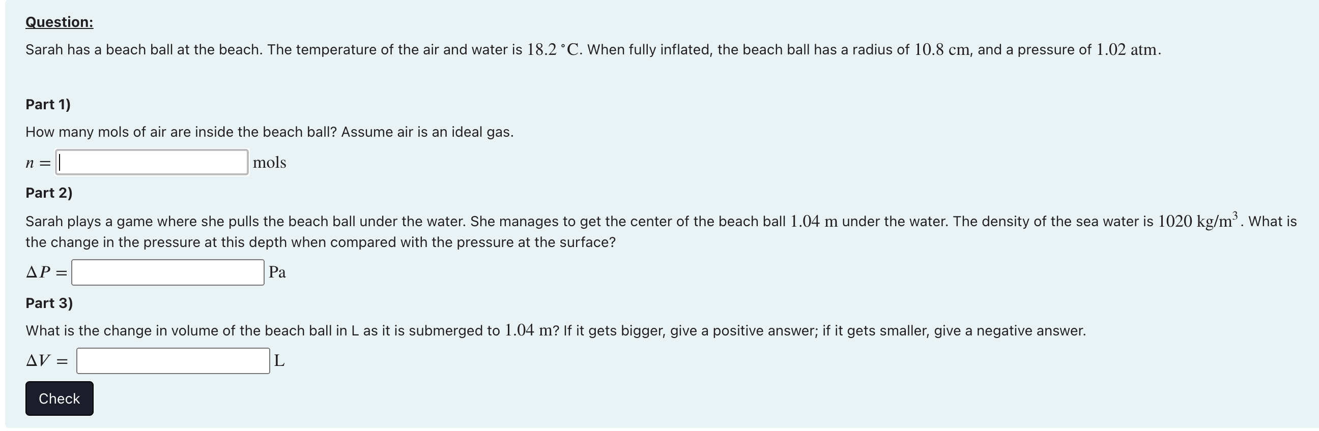 Question Part 1 How Many Mols Of Air Are Inside The Beach Ball Assume Air Is An Ideal Gas N Mols Part 2 The Change 1