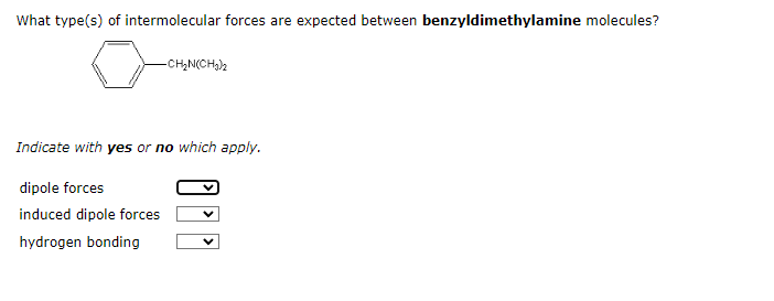 What Type S Of Intermolecular Forces Are Expected Between Benzyldimethylamine Molecules Ch Ch3 2 Indicate With Yes Or 1