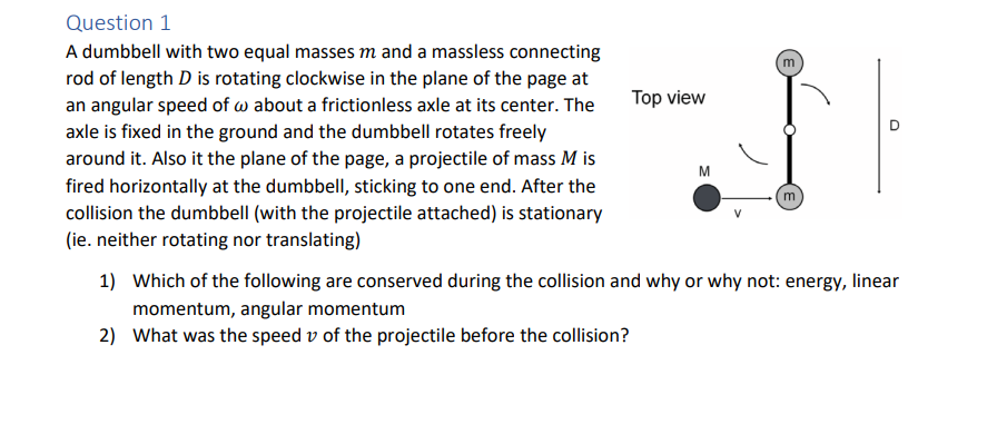 Question 1 A Dumbbell With Two Equal Masses M And A Massless Connecting Rod Of Length D Is Rotating Clockwise In The Pla 1