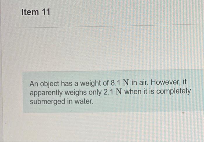 An Object Has A Weight Of 8 1 N In Air However It Apparently Weighs Only 2 1 N When It Is Completely Submerged In Wate 1