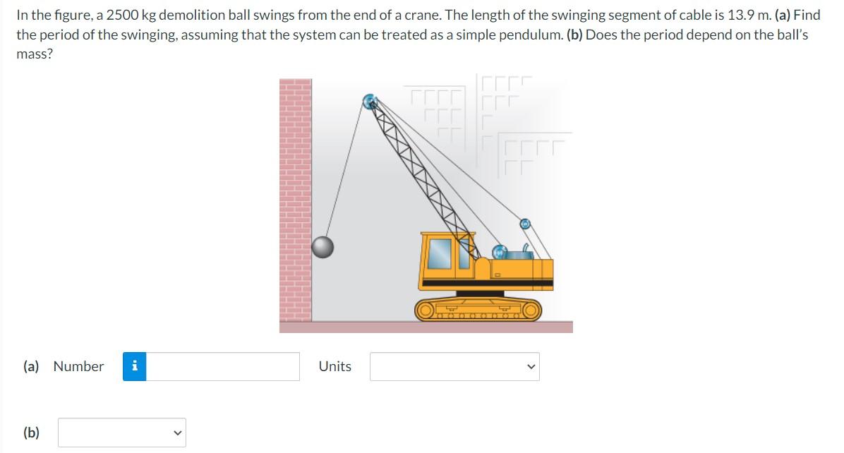 In The Figure A 2500 Kg Demolition Ball Swings From The End Of A Crane The Length Of The Swinging Segment Of Cable Is 1