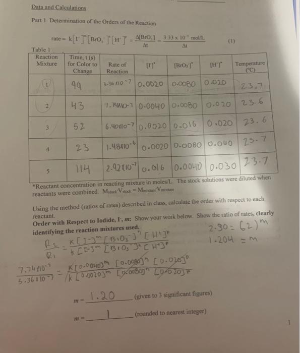 Data And Calculations Part 1 Determination Of The Orders Of The Reaction Rate K Tt Bio Ht Ab 01 333 X 10 Moll 1
