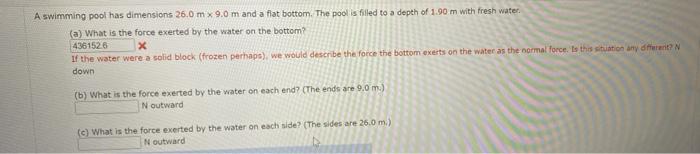 A Swimming Pool Has Dimensions 26 0 M 9 0 M And A Flat Bottom The Pool Is Filled To A Depth Of 1 90 M With Fresh Water 1