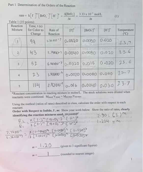 Data And Calculations Part 1 Determination Of The Orders Of The Reaction Rate K Tt Bio Ht Ab 01 333 X 10 Moll 4