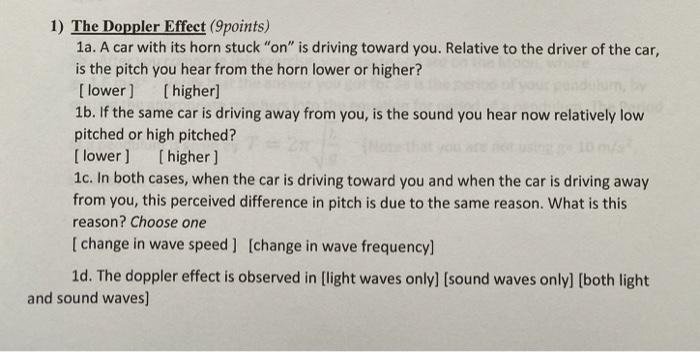 1 The Doppler Effect 9points 1a A Car With Its Horn Stuck On Is Driving Toward You Relative To The Driver Of The 1