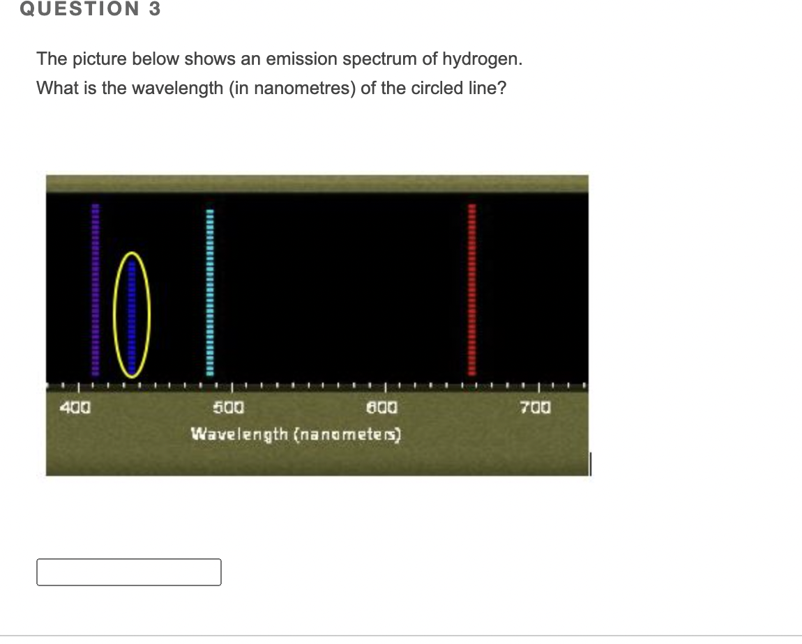 The Picture Below Shows An Emission Spectrum Of Hydrogen What Is The Wavelength In Nanometres Of The Circled Line T 1