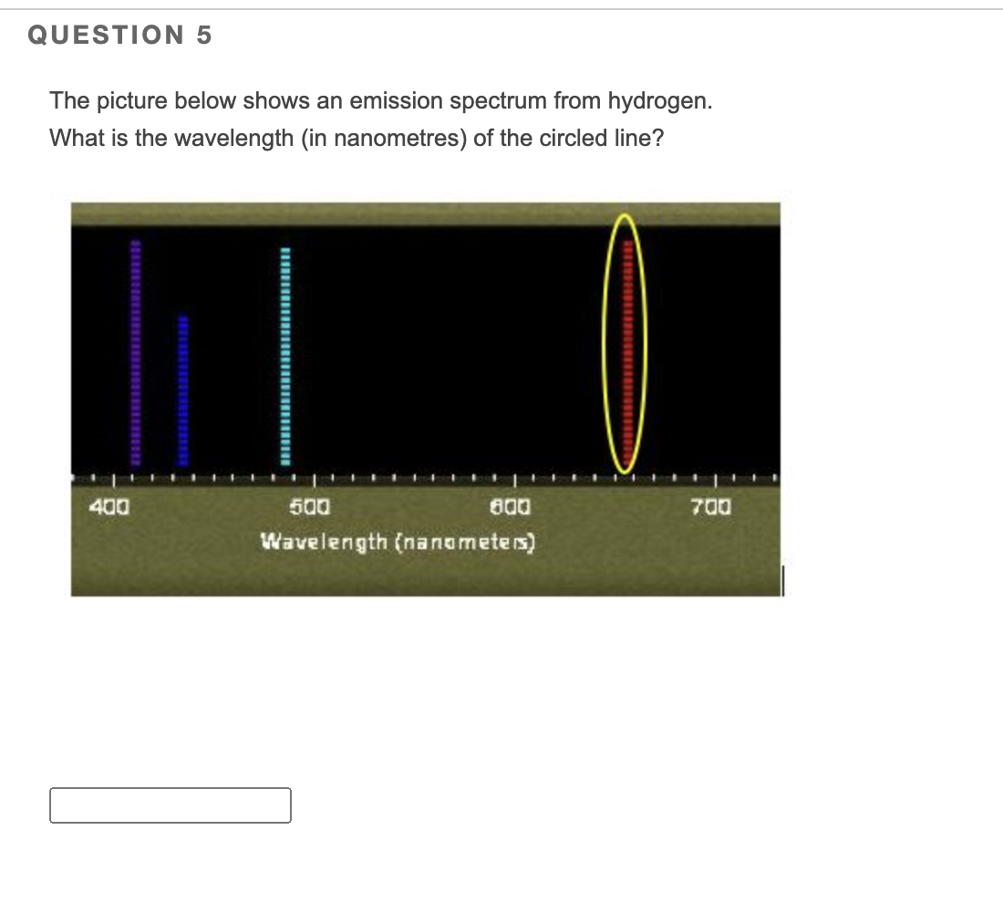 The Picture Below Shows An Emission Spectrum From Hydrogen What Is The Wavelength In Nanometres Of The Circled Line 1