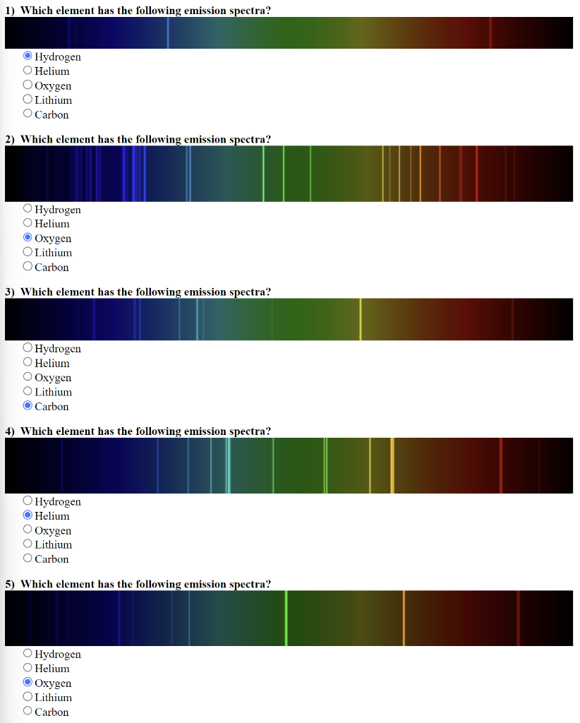 1 Which Element Has The Following Emission Spectra Hydrogen Helium Oxygen Lithium Carbon 2 Which Element Has The Foll 1
