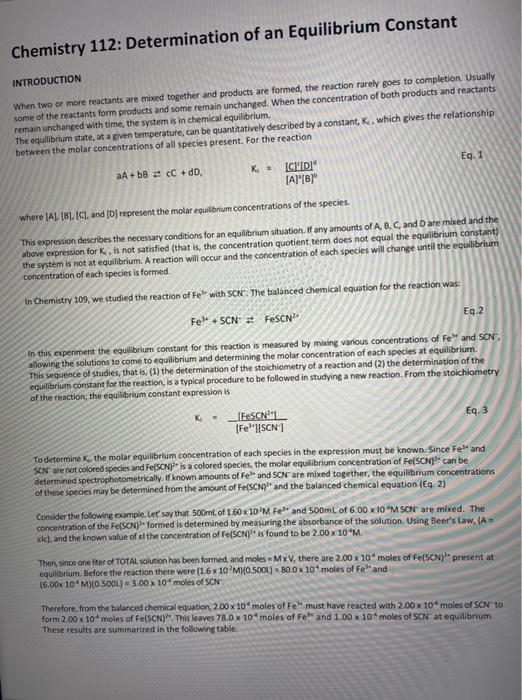 Chemistry 112 Determination Of An Equilibrium Constant Introduction When Two Or More Reactants Are Mixed Together And P 1
