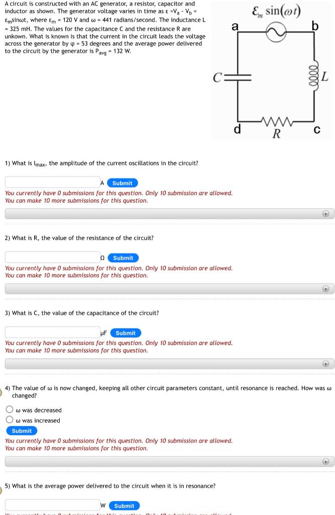 A Circuit Is Constructed With An Ac Generator A Resistor Capacitor And Inductor As Shown The Generator Voltage Varies 1
