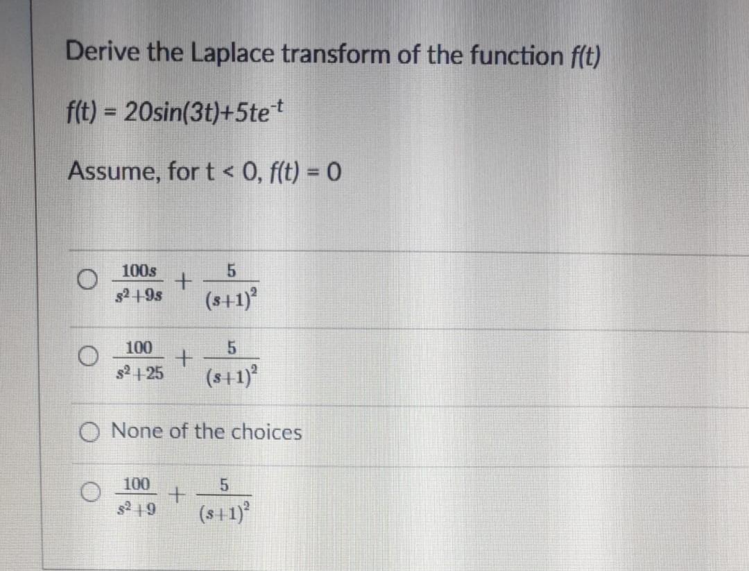 Derive The Laplace Transform Of The Function F T F T 20sin 3t 5tet Assume For T 0 F T 0 5 100s 92 93 3 1 1