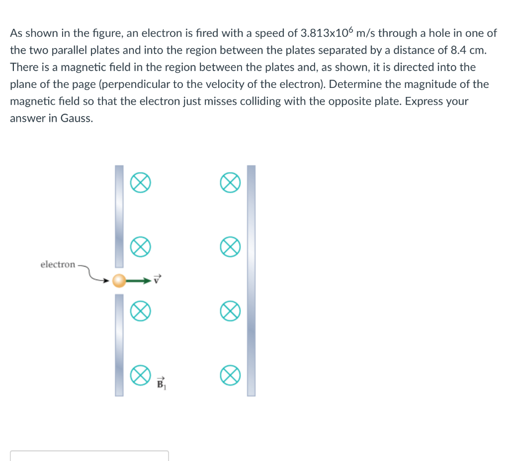 As Shown In The Figure An Electron Is Fired With A Speed Of 3 813 106 M S Through A Hole In One Of The Two Parallel Pla 1