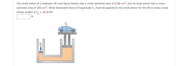 The Small Piston Of A Hydraulic Lift See Figure Below Has A Cross Sectional Area Of 3 30 Cm2 And Its Large Piston Has 1