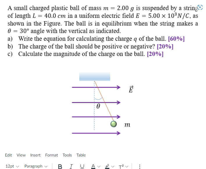A Small Charged Plastic Ball Of Mass M 2 00 G Is Suspended By A Stringies Of Length L 40 0 Cm In A Uniform Electric Fiel 1