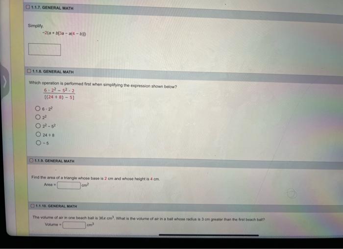 Simplify 2 A B 3a A 4 B 1 1 0 General Math Which Operation Is Performed First When Simplifying The Expression Show 1
