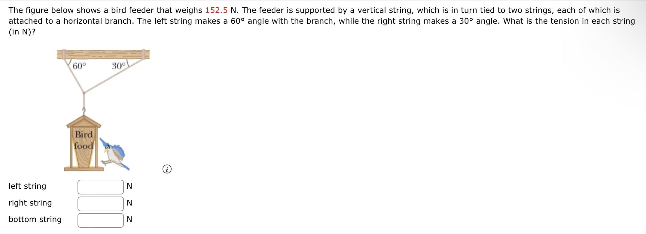 The Figure Below Shows A Bird Feeder That Weighs 152 5 N The Feeder Is Supported By A Vertical String Which Is In Turn 1