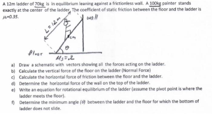 A 12 M Ladder Of 70 Kg Is In Equilibrium Leaning Against A Frictionless Wall A 100 Kg Painter Stands Exactly At The Cen 1