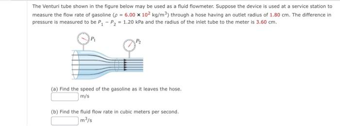 The Venturi Tube Shown In The Figure Below May Be Used As A Fluid Flowmeter Suppose The Device Is Used At A Service Sta 1