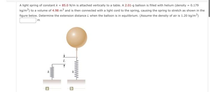 A Light Spring Of Constant K 85 0 N M Is Attached Vertically To A Table A 2 01 G Balloon Is Filled With Helium Density 1