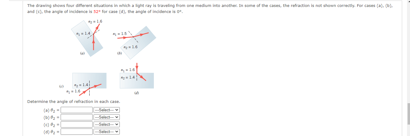 And C The Angle Of Incidence Is 52 For Case D The Angle Of Incidence Is 0 Determine The Angle Of Refraction In 1
