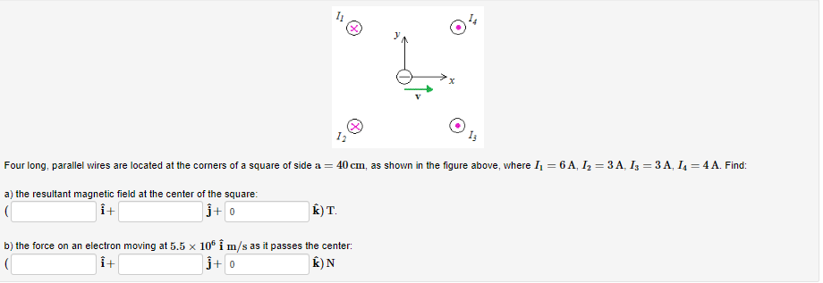 Four Long Parallel Wires Are Located At The Corners Of A Square Of Side A 40 Cm As Shown In The Figure Above Where I 1