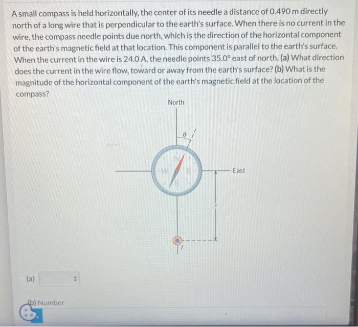 A Small Compass Is Held Horizontally The Center Of Its Needle A Distance Of 0 490 M Directly North Of A Long Wire That 1