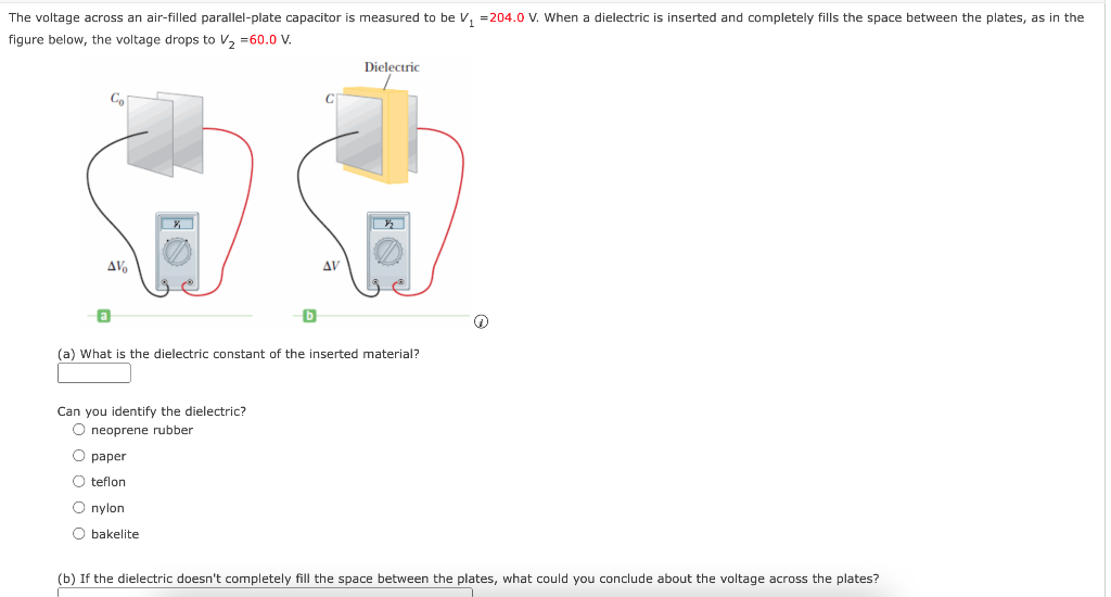 Figure Below The Voltage Drops To V2 60 0 V A What Is The Dielectric Constant Of The Inserted Material Can You Ide 1