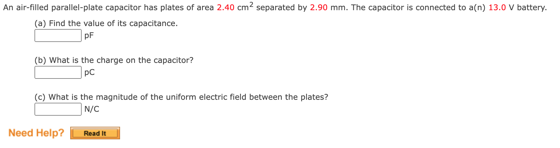 An Air Filled Parallel Plate Capacitor Has Plates Of Area 2 40 Cm2 Separated By 2 90 Mm The Capacitor Is Connected To A 1