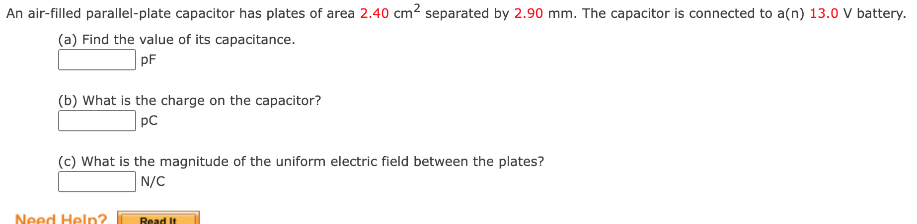 An Air Filled Parallel Plate Capacitor Has Plates Of Area 2 40 Cm2 Separated By 2 90 Mm The Capacitor Is Connected To A 1