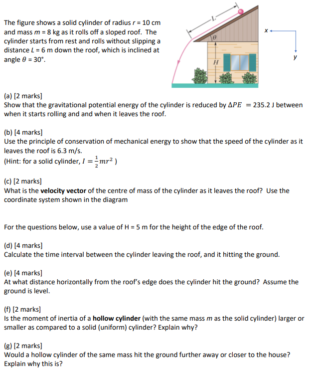 The Figure Shows A Solid Cylinder Of Radius R 10 Cm And Mass M 8 Kg As It Rolls Off A Sloped Roof The Cylinder Starts F 1