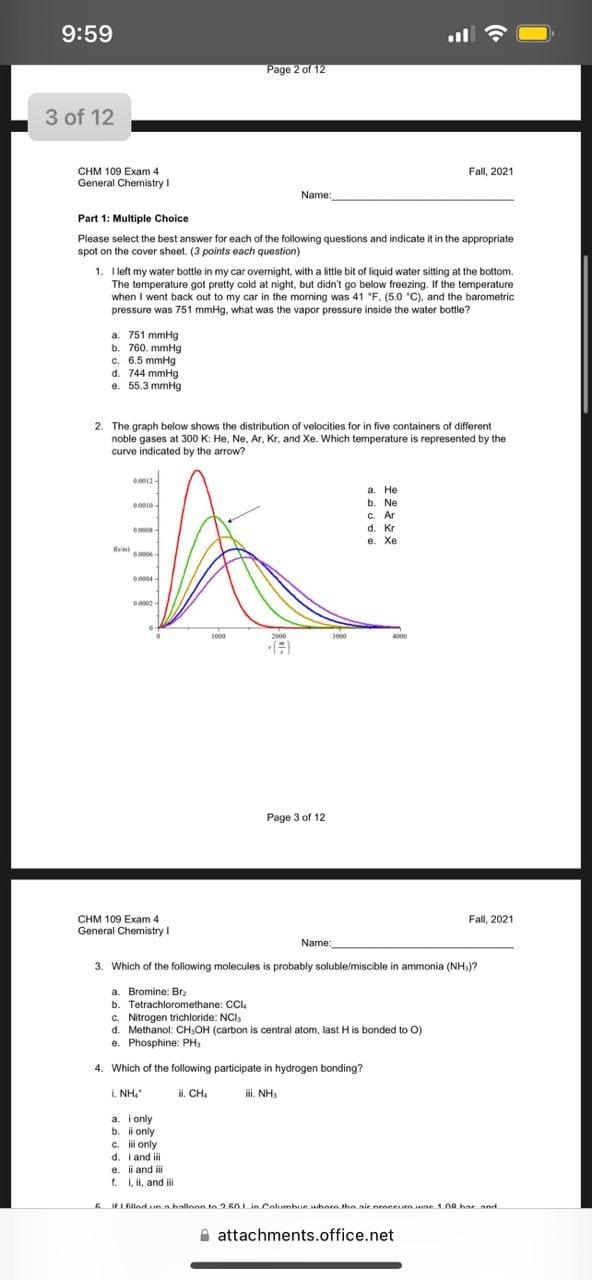 9 59 Page 2 Of 12 3 Of 12 Chm 109 Exam 4 General Chemistry Fall 2021 Name Part 1 Multiple Choice Please Select The Bes 1