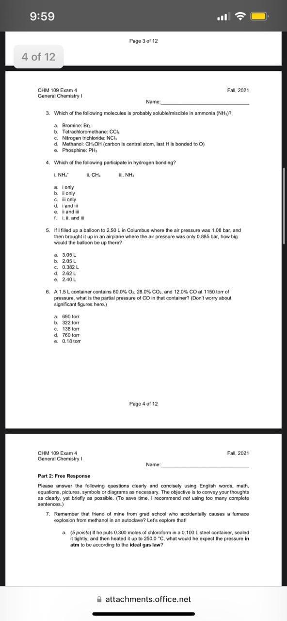 9 59 Page 2 Of 12 3 Of 12 Chm 109 Exam 4 General Chemistry Fall 2021 Name Part 1 Multiple Choice Please Select The Bes 2