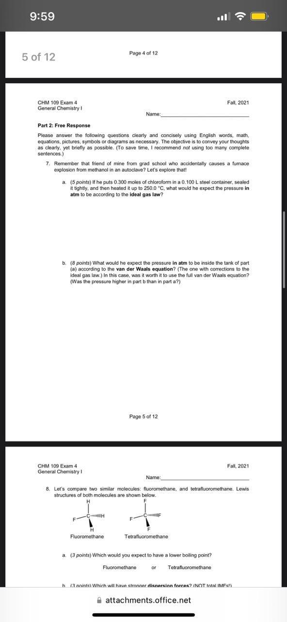 9 59 Page 2 Of 12 3 Of 12 Chm 109 Exam 4 General Chemistry Fall 2021 Name Part 1 Multiple Choice Please Select The Bes 3