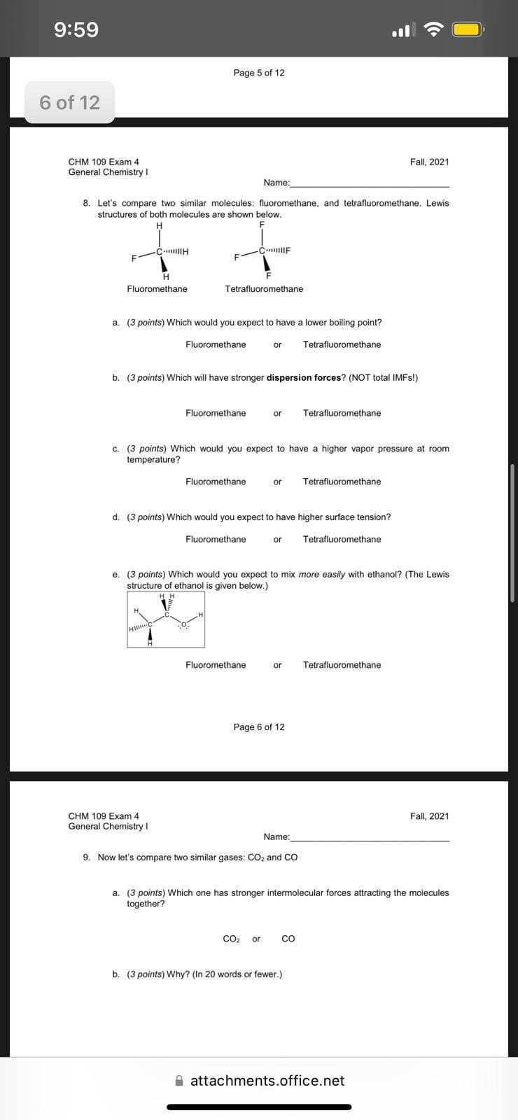 9 59 Page 2 Of 12 3 Of 12 Chm 109 Exam 4 General Chemistry Fall 2021 Name Part 1 Multiple Choice Please Select The Bes 4