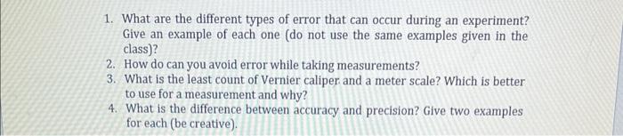 1 What Are The Different Types Of Error That Can Occur During An Experiment Give An Example Of Each One Do Not Use Th 1